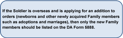 If the Soldier is overseas and is applying for an addition to orders (newborns and other newly acquired Family members such as adoptions and marriages), then only the new Family members should be listed on the DA Form 5888.