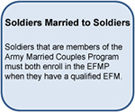 Soldiers Married to Soldiers Soldiers that are members of the Army Married Couples Program must both enroll in the EFMP when they have a qualified EFM.