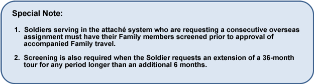 Special note: 1. Soldiers serving in the attaché system who are requesting a consecutive overseas assignment must have their Family members screened prior to approval of accompanied Family travel. 2. Screening is also required when the Soldier requests an extension of a 36-month tour for any period longer than an additional 6 months. 