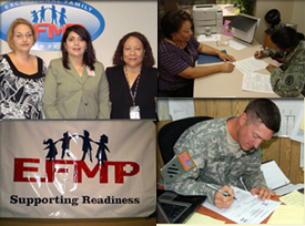 Three members of EFMP screening staff; Soldier completing paperwork with DA civilian; EFMP banner; Soldier completing paperwork.